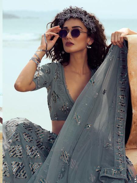 Myra Grey Embroidered Net Lehenga - Distacart