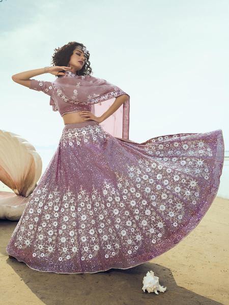 Myra Lilac Embroidered Net Lehenga - Distacart