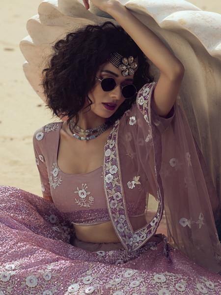 Myra Lilac Embroidered Net Lehenga - Distacart