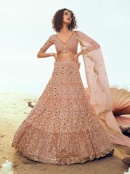 Myra Peach Embroidered Net Lehenga - Distacart