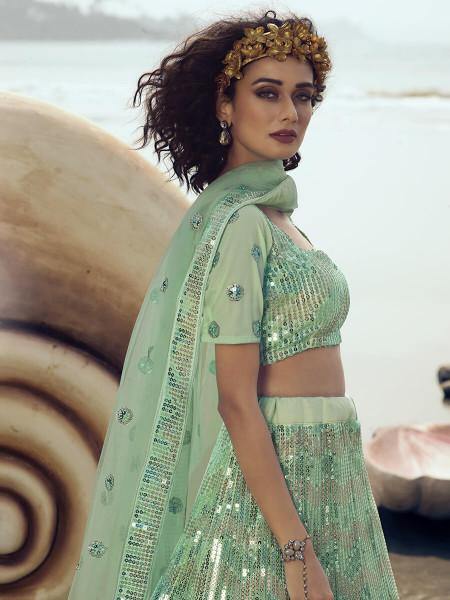 Myra Green Embroidered Net Lehenga - Distacart