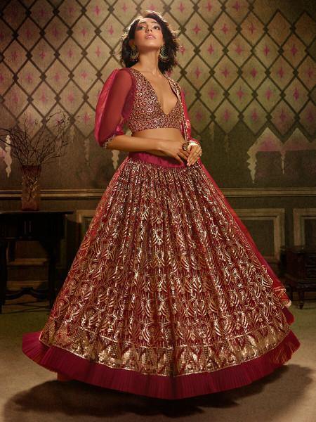 Myra Maroon Embroidered Net Lehenga - Distacart