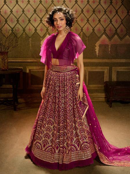 Myra Wine Embroidered Net Lehenga - Distacart