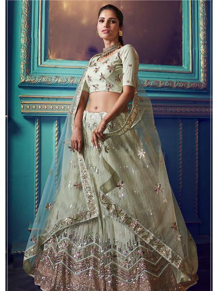 Myra Green Heavy Embroidered Net Lehenga - Distacart