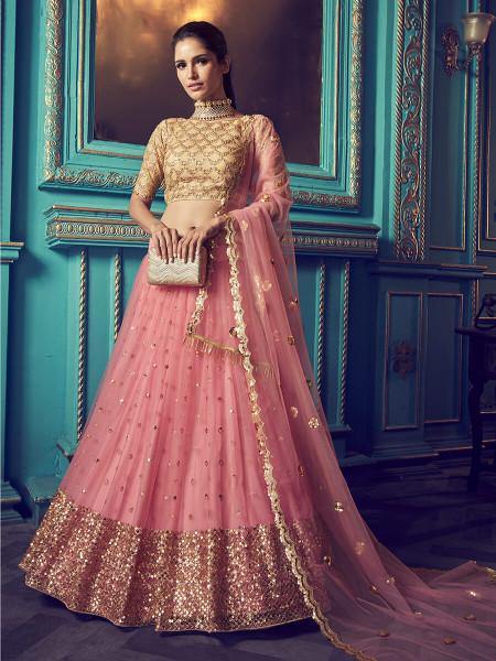 Myra Pink Heavy Embroidered Net Lehenga - Distacart