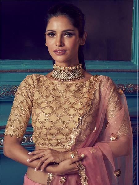 Myra Pink Heavy Embroidered Net Lehenga - Distacart