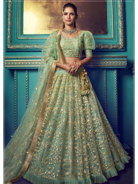Myra Green Heavy Embroidered Net Lehenga - Distacart