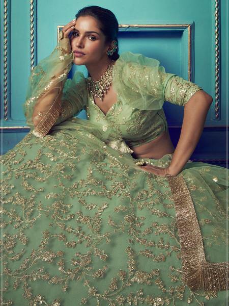 Myra Green Heavy Embroidered Net Lehenga - Distacart
