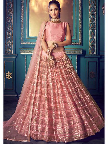 Myra Pink Heavy Embroidered Net Lehenga - Distacart