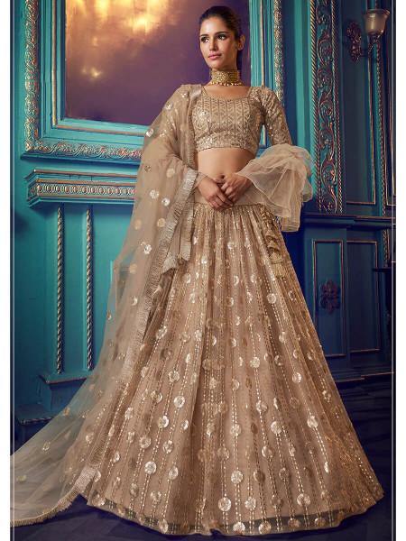Myra Beige Heavy Embroidered Net Lehenga - Distacart