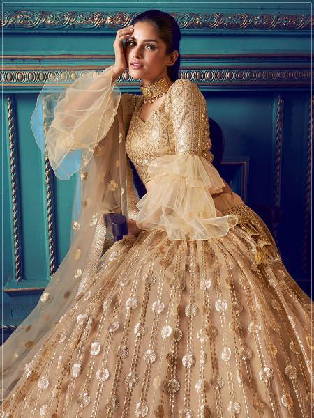 Myra Beige Heavy Embroidered Net Lehenga - Distacart