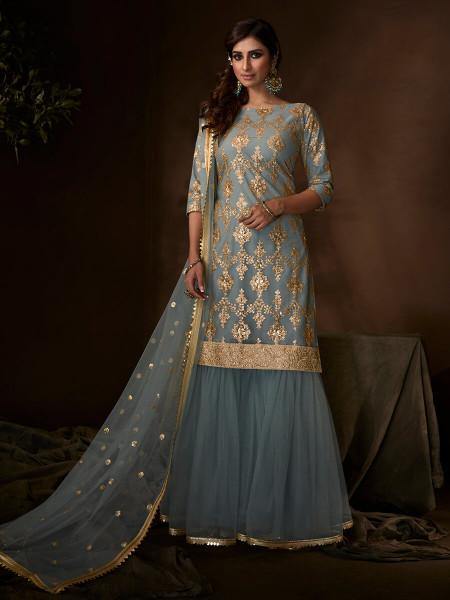 Myra Grey Soft Net Gharara Suit - Distacart