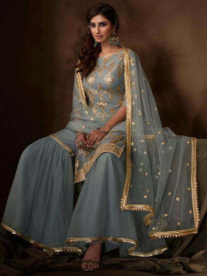 Myra Grey Soft Net Gharara Suit - Distacart