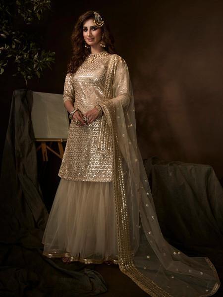 Myra Dusky Beige Soft Net Gharara Suit - Distacart