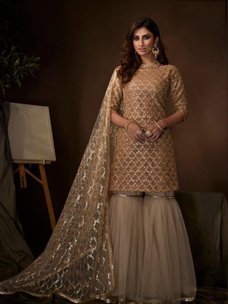 Myra Beige Soft Net Gharara Suit - Distacart