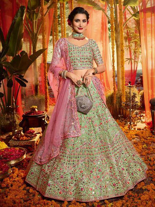 Myra Green and Pure Organza Embroidered Lehenga - Distacart