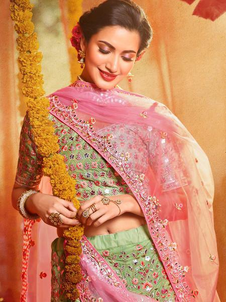 Myra Green and Pure Organza Embroidered Lehenga - Distacart
