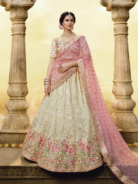 Myra White Heavy Embroidered Georgette Lehenga - Distacart