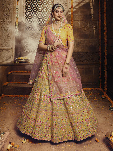Myra Yellow Heavy Embroidered Organza Lehenga - Distacart