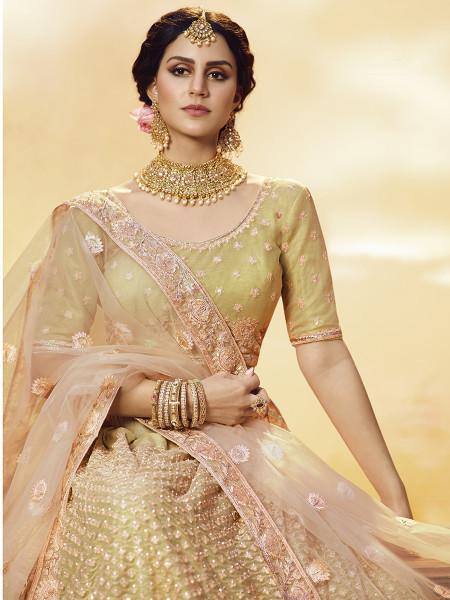 Myra Golden Heavy Embroidered Georgette Lehenga - Distacart