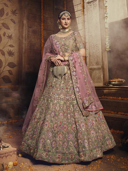 Myra Light Brown Heavy Embroidered Georgette Lehenga - Distacart