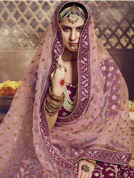 Myra Wine Heavy Embroidered Georgette Lehenga - Distacart
