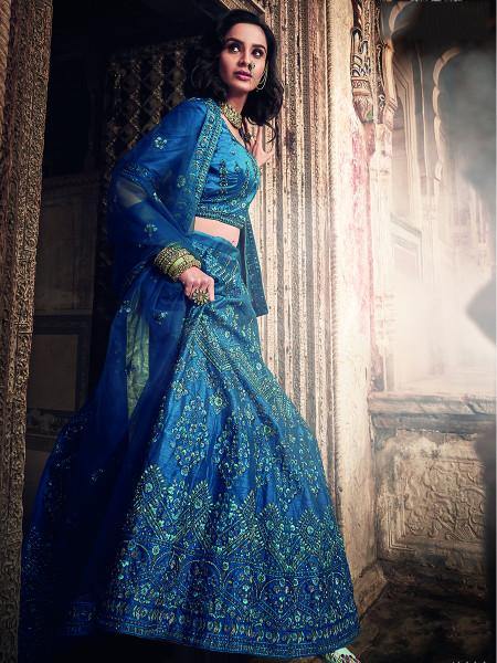 Myra Kerosene Blue Art Silk Embroidered Lehenga - Distacart