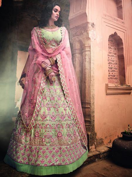 Myra Pista Green Heavy Embroidered Lehenga Choli - Distacart