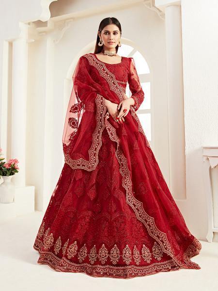 Myra Red Heavy Embroidered Net Lehenga - Distacart