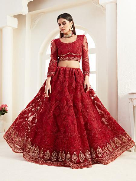 Myra Red Heavy Embroidered Net Lehenga - Distacart