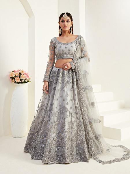 Myra Light Grey Heavy Embroidered Net Lehenga - Distacart