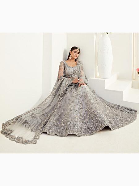 Myra Light Grey Heavy Embroidered Net Lehenga - Distacart