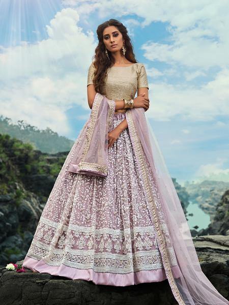 Myra Cream and Lilac Net Embroidered Lehenga Choli - Distacart