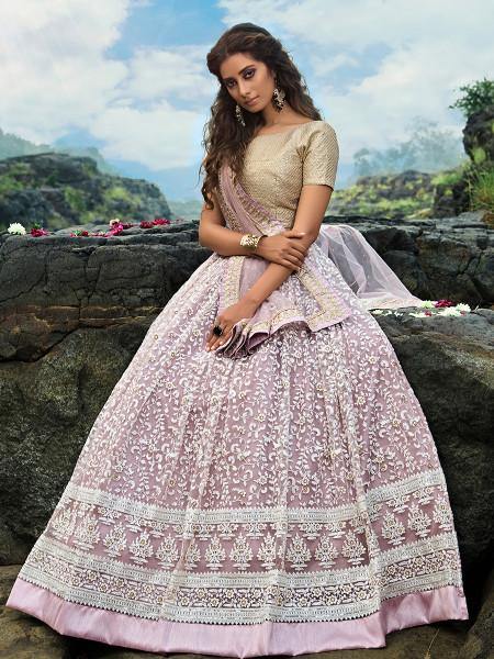 Myra Cream and Lilac Net Embroidered Lehenga Choli - Distacart