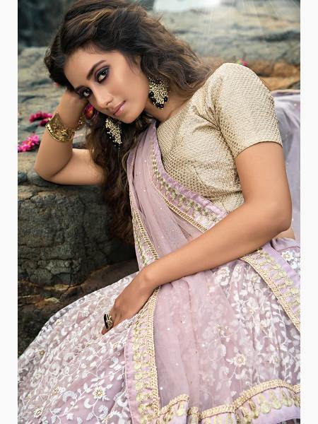 Myra Cream and Lilac Net Embroidered Lehenga Choli - Distacart