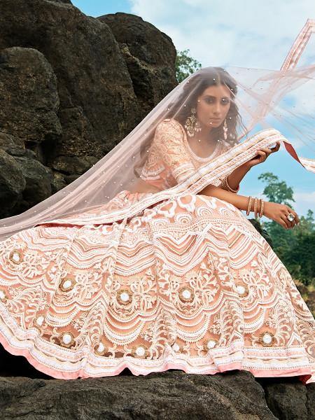 Myra Peach Embroidered Net Lehenga Choli - Distacart
