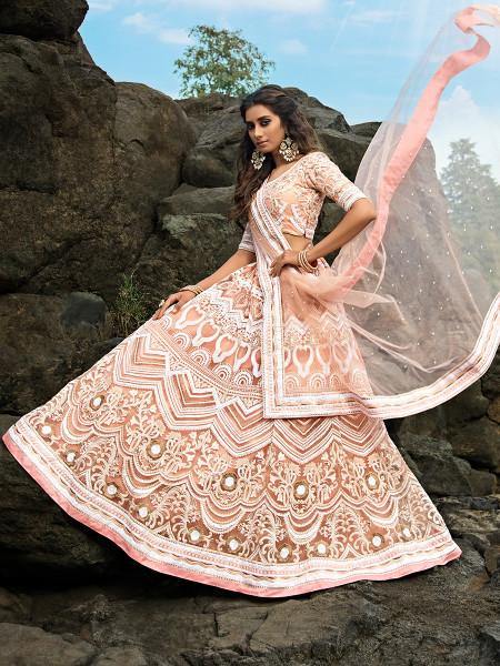 Myra Peach Embroidered Net Lehenga Choli - Distacart