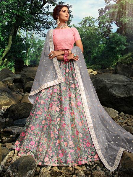 Myra Pink and Grey Net Embroidered Lehenga - Distacart