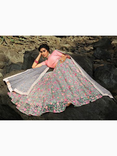Myra Pink and Grey Net Embroidered Lehenga - Distacart