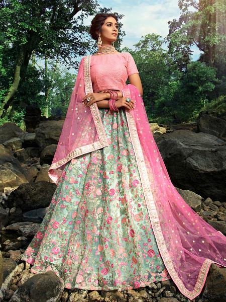 Myra Pink and Light Green Embroidered Net Lehenga - Distacart