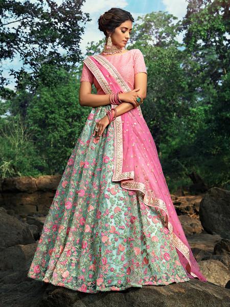 Myra Pink and Light Green Embroidered Net Lehenga - Distacart