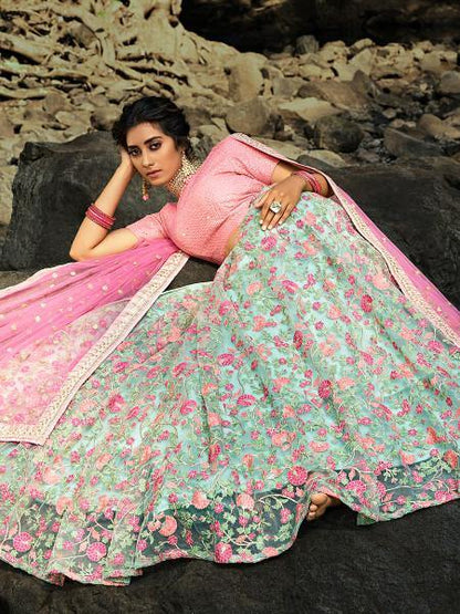Myra Pink and Light Green Embroidered Net Lehenga - Distacart