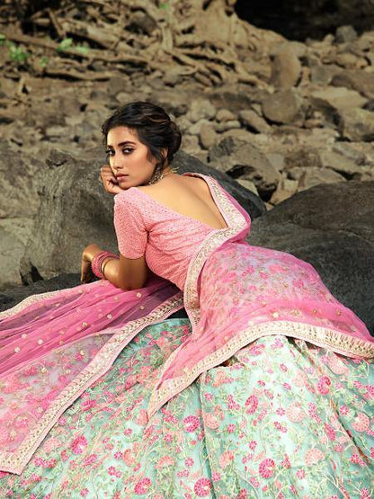 Myra Pink and Light Green Embroidered Net Lehenga - Distacart