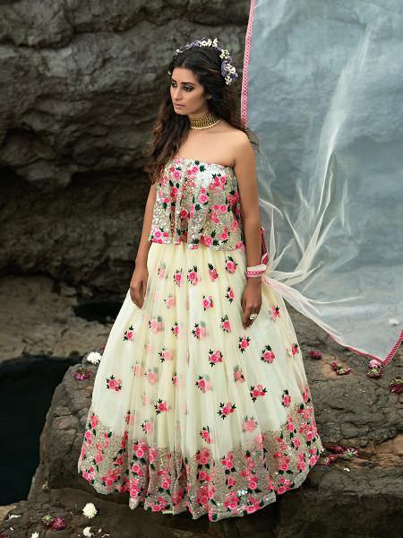 Myra Multi and Off White Net Heavy Embroidered Lehenga - Distacart