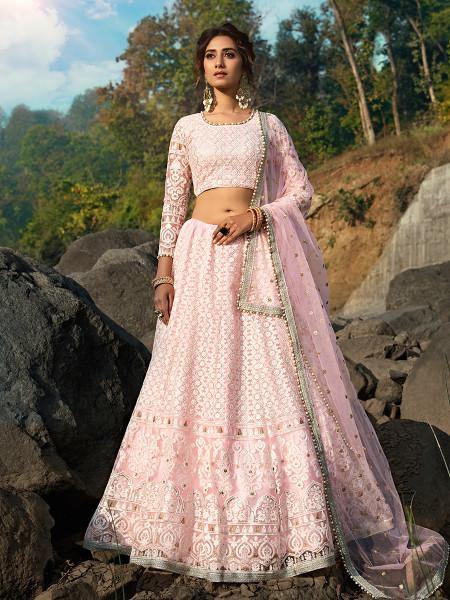 Myra Baby Pink Net Heavy Embroidered Lehenga - Distacart