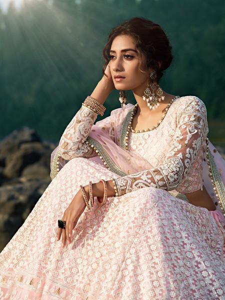 Myra Baby Pink Net Heavy Embroidered Lehenga - Distacart