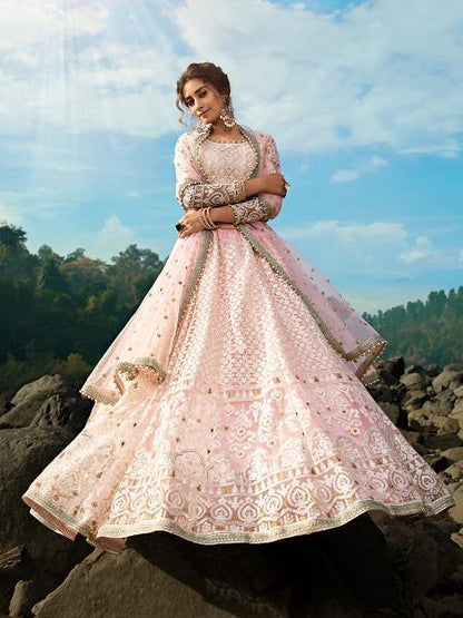 Myra Baby Pink Net Heavy Embroidered Lehenga - Distacart