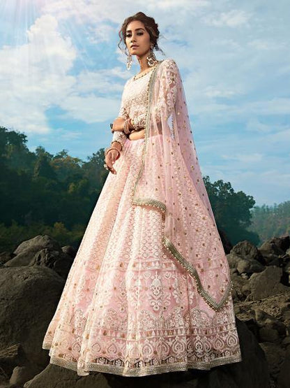 Myra Baby Pink Net Heavy Embroidered Lehenga - Distacart