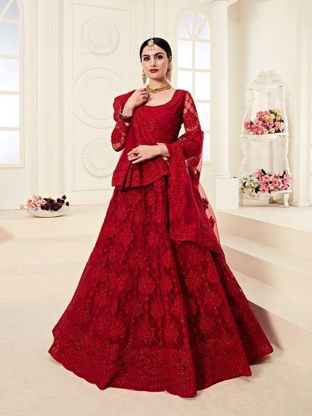 Myra Red Heavy Embroidered Net Lehenga - Distacart