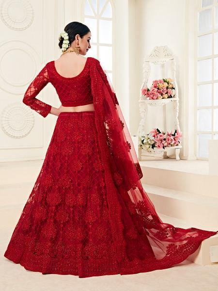 Myra Red Heavy Embroidered Net Lehenga - Distacart
